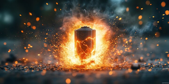 Dramatic depiction of a battery exploding amidst sparks and smoke, showcasing power