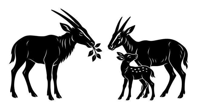 Saola Family, Stylized black and white silhouette of a rare saola family: a male eating leaves, a female, and a calf standing together in a peaceful scene.