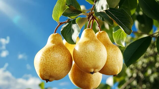 Yellow pears hanging from a tree branch