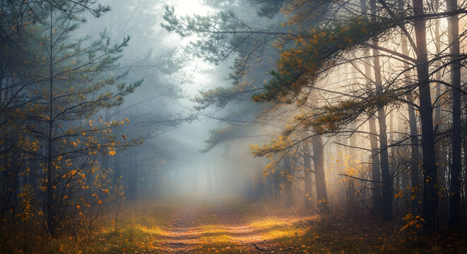 Foggy pine forest in early autumn