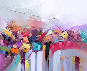Abstract colorful oil, acrylic painting of spring flower. Hand painted brush stroke on canvas. Illustration oil painting floral for background. Modern art paintings flowers with yellow, red color.