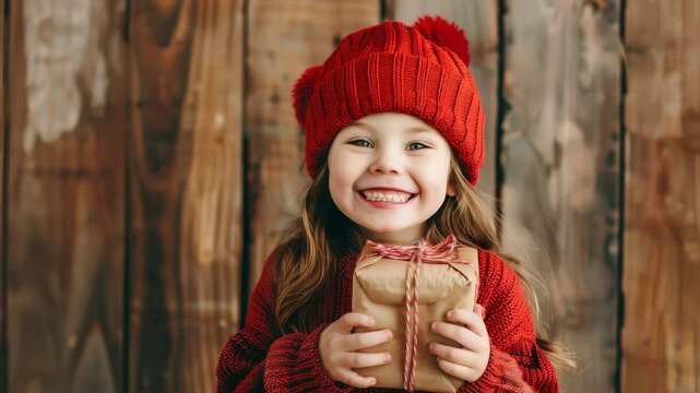 Girl in red with wrapped gift. Happy child holds present, with wood background. Festive and joyful holiday scene. Winter warmth captured. 
