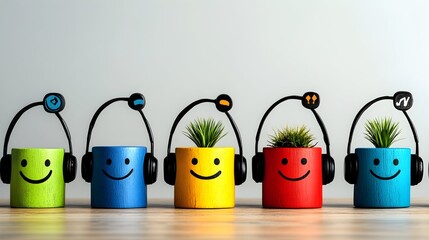 Five colorful potted plants with happy faces and headphones, symbolizing cheerful listening or podcasting.  They sit in a row on a light wood surface against a neutral backdrop