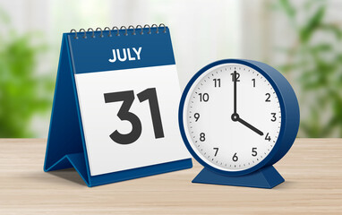 Date 31 July 4 oclock. July 31 desk calendar and round table clock showing time 04 00. Realistic calendar and clock composition 3d illustration. Scheduled date and time planner design