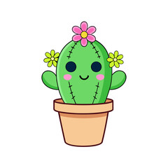 Cartoon Cactus Icon with Blooming Flowers and Smiling Pot – Pastel Desert Plant Vector, SVG