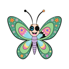 Cartoon Butterfly Icon with Colorful Patterned Wings and Smiling Face – Bright Nature Vector, SVG