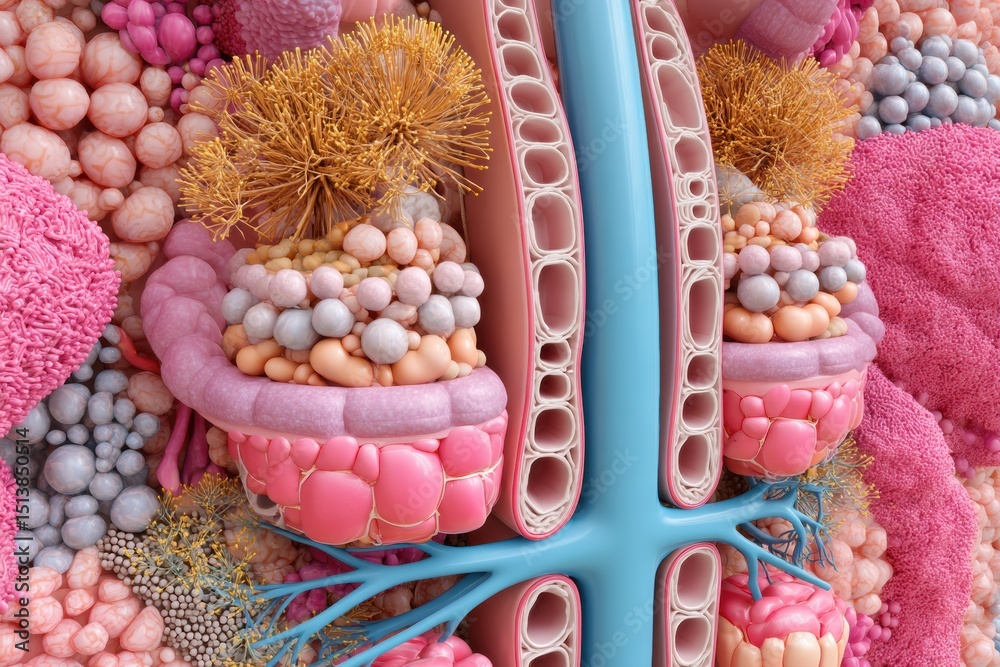 Aufkleber Detailed 3D Cross-Section View of Nephron Structure Highlighting Clean Zonation and Intricate Cellular Components