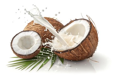 Fresh coconut milk pouring into cracked open coconut with palm leaf on white background