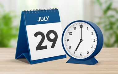 Date 29 July 7 oclock. July 29 desk calendar and round table clock showing time 07 00. Realistic calendar and clock composition 3d illustration. Scheduled date and time planner design