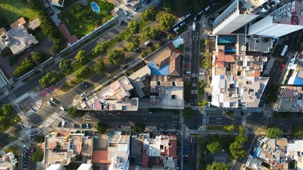 Top-down view of a triangular geometric city block in Lince district, Lima.