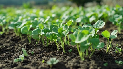 Close-up view of young plants in a cultivated field.