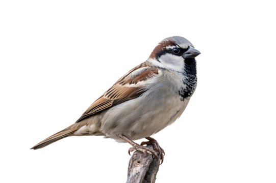 Detailed close up of a perched house sparrow displaying colorful plumage in nature