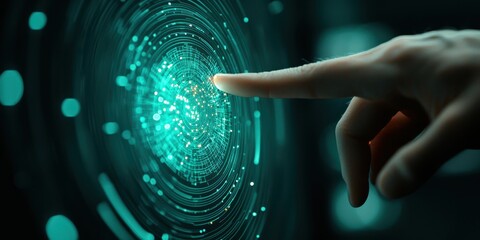 business success pointing concept. A hand interacting with a digital interface of swirling particles and light.