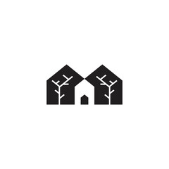 Property business logo with the concept of the letter M, a house icon and tree branches.