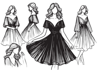 Girls in sketching dresses set. fashion sketch