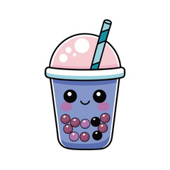 Kawaii Boba Tea Cartoon Icon with Smiling Face, Glittering Pearls, and Cute Straw – Pastel Colours, SVG