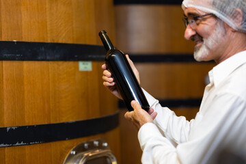 winemaker : winemaker hold bottle of wine check process of make wine. Wooden wine barrels or cognac...