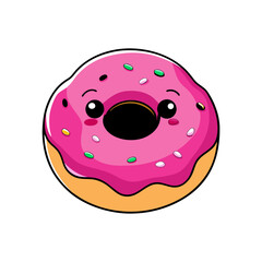Kawaii Donut Cartoon Icon with Pink Frosting, Sprinkles, and Smiling Face – Glossy Sweet Food Vector SVG