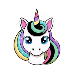 Pastel Cartoon Unicorn Head Icon with Glittery Horn and Rainbow Mane – Kawaii Style, Vector SVG