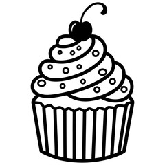 cupcake, cute doodle style baking illustration.Cherry Topped Cupcake Illustration.Clean line cupcake icon.Cup cake silhouette on white background.