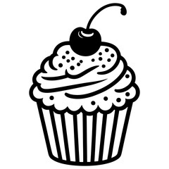 cupcake, cute doodle style baking illustration.Cherry Topped Cupcake Illustration.Clean line cupcake icon.Cup cake silhouette on white background.