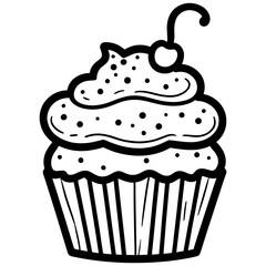 cupcake, cute doodle style baking illustration.Cherry Topped Cupcake Illustration.Clean line cupcake icon.Cup cake silhouette on white background.