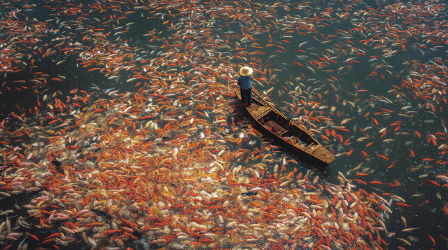 Business Fishery AI Art Fisherman standing on boat in fish farming area.