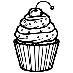 cupcake, cute doodle style baking illustration.Cherry Topped Cupcake Illustration.Clean line cupcake icon.Cup cake silhouette on white background.