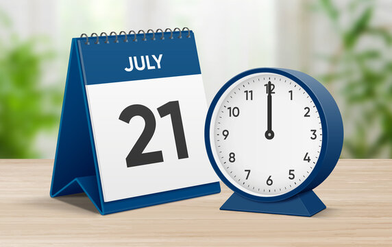 Date 21 July 12 oclock. July 21 desk calendar and round table clock showing time 12 00. Realistic calendar and clock composition 3d illustration. Scheduled date and time planner design