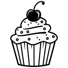 cupcake, cute doodle style baking illustration.Cherry Topped Cupcake Illustration.Clean line cupcake icon.Cup cake silhouette on white background.