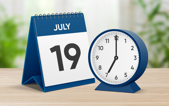 Date 19 July 7 oclock. July 19 desk calendar and round table clock showing time 07 00. Realistic calendar and clock composition 3d illustration. Scheduled date and time planner design