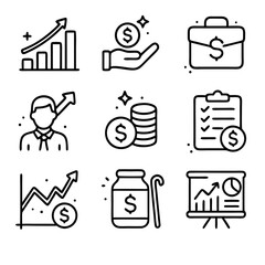 Financial growth showcased with black and white business and finance icons. Ideal for financial reports, presentations, websites, and infographics.