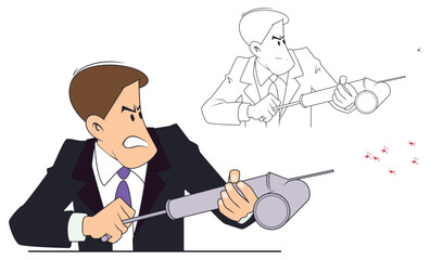 Man poisons insects. Vector. Stock illustration. Funny people.