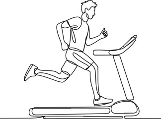 Continuous line drawing of a young man running on a treadmill, minimalist vector illustration in black outline style

