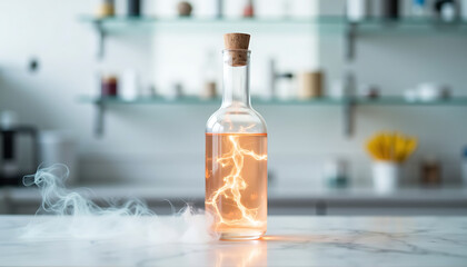 Obraz premium Glass bottle with glowing liquid and smoke on kitchen countertop 