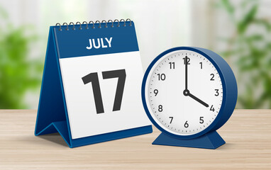 Date 17 July 4 oclock. July 17 desk calendar and round table clock showing time 04 00. Realistic calendar and clock composition 3d illustration. Scheduled date and time planner design