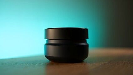 Elegant Black Cosmetic Jar on Wooden Surface with Teal Gradient Background
