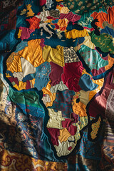 Fototapeta premium Colorful map of Africa and Europe made from fabric patches, showcasing diverse patterns and textures in a unique artistic representation.