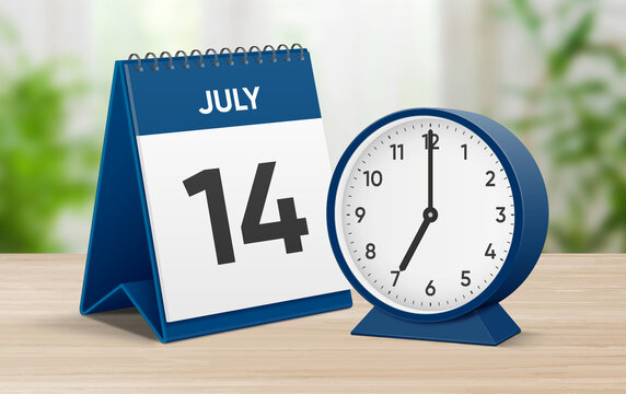 Date 14 July 7 oclock. July 14 desk calendar and round table clock showing time 07 00. Realistic calendar and clock composition 3d illustration. Scheduled date and time planner design
