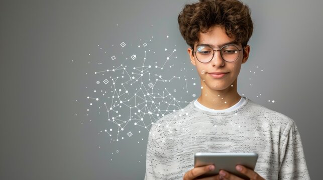 Young Man Using Tablet with Facial Recognition Technology: Digital Transformation and Innovation Concept - Powered by Adobe