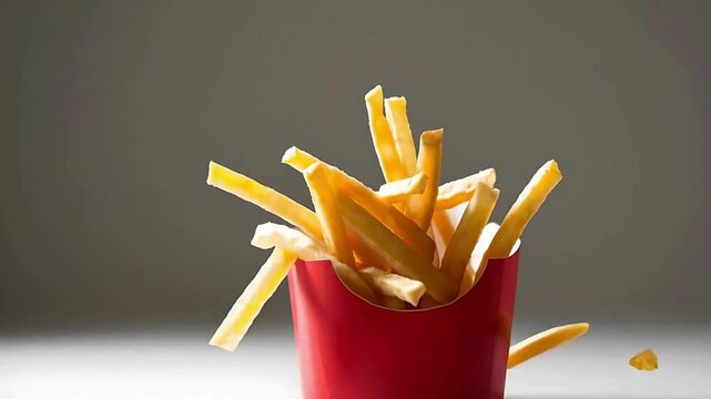 Golden Crispy French Fries in Red Box on Minimal Background &mdash; Fast Food Snack Concept with Salted Potato Sticks