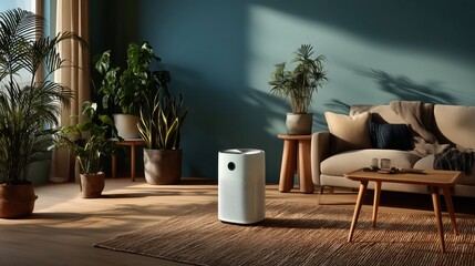 modern air purification design integrated into eco-conscious living space décor with warm wood and soft furnishings