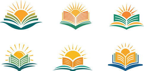 set of  abstract educational logos with book and sun shape vector illustration