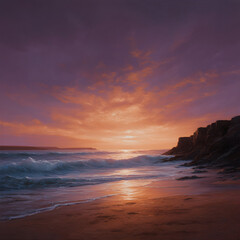 Obraz premium Ocean waves crashing on sandy beach at sunset with dramatic sky and rocky cliffs in the background view