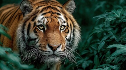  jungle wallpaper of a powerful tiger emerging from deep green foliage with striking eye contact