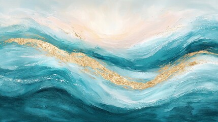 Abstract teal and gold wave painting