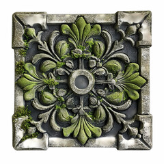 Ornate stone relief with green moss detailing in garden setting Generative AI