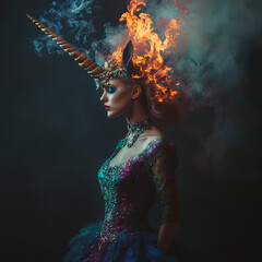 Fantasy unicorn performer in vibrant costume with fire elements Generative AI
