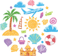 Summer beach icon. Sea vacation vector. Crayon doodle sticker set with sun, palm, shell, flower, watermelon, coral, sand castle. Chalk travel illustration.fun, illustration, vector, beach, 