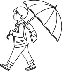 Line art of a boy with umbrella vector illustration. 